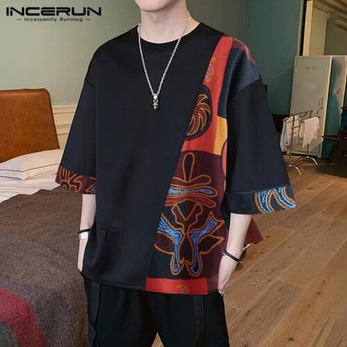 INCERUN Men Casual T Shirt Loose Printed Patchwork Round Neck Half Sleeve Vintage Tees 2021 Streetwear Mens T-shirts Plus Size