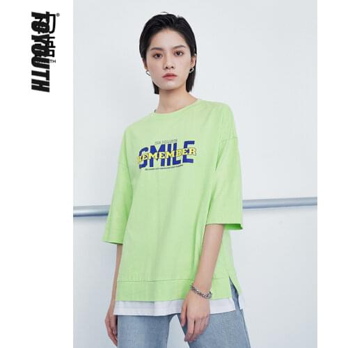 Toyouth Women Tees 2021 Summer Fake Two-piece Short Sleeve Round Neck T-shirt Light Blue Letter Print Leisure Tops