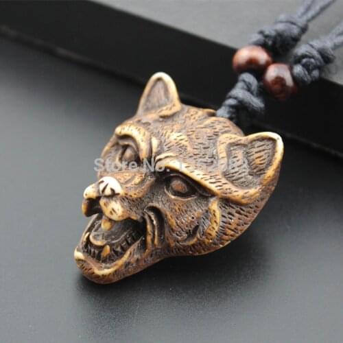 Imitation Yak Bone Mens Jewelry Tribal Cool Wolf Head Pendant Necklace Amulet MN374
