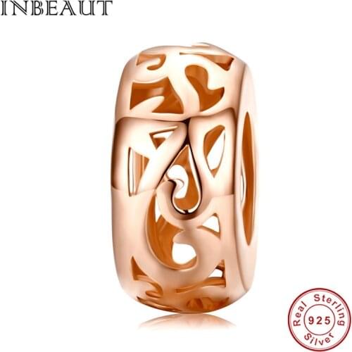INBEAUT 100% 925 Sterling Silver Hollow Heart Plant Beads fit Brand Bracelet Rose Gold Flower Charms for Bangles Necklaces