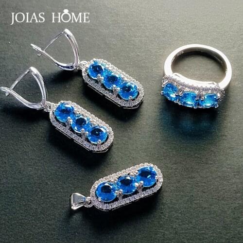 JoiasHome 925 Sterling Silver Jewelry Peanut Shaped Sapphire Bridal Necklace Earrings European and American Womens Set