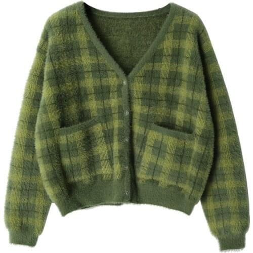 PEONFLY Harajuku Fuzzy Green Plaid Cardigan With Front Button Women Cropped Cardigan Sweater
