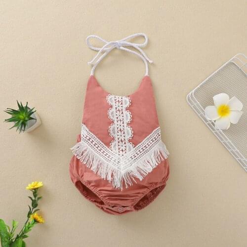 0-18M Newborn Baby Girls Halter Romper, Summer Backless Crochet Lace Tassel Bodysuit One-Piece Clothes