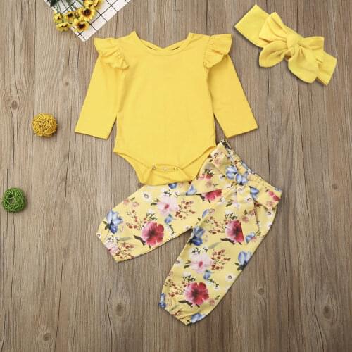 Pudcoco Newborn Baby Girl Clothes Solid Color Fly Sleeve Cotton Romper Tops Flower Print Long Pants Headband 3Pcs Outfits Set