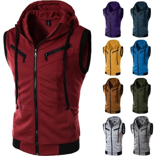 Fashion Mens Clothing Spring and Summer New Hooded Sleeveless Cotton Vest Jackets Male Solid Color Casual Slim Fit Waistcoat