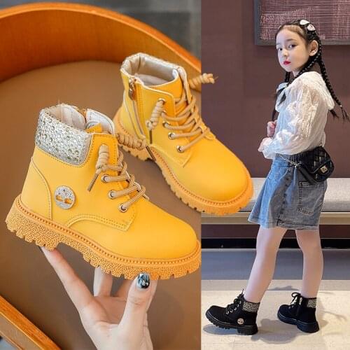 Autumn 2022 Girls Fashion Shoes Non-slip Boots Children Rhinestone Kids Ankle Booties Winter Girls Retro Yellow Casual Boots