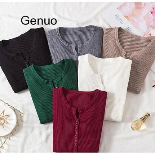 2020 Autumn Winter Button V Neck Sweater Women Basic Slim Pullover Women Sweaters And Pullovers Knit Jumper Ladies Tops