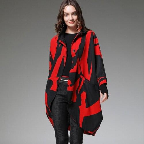 Autumn new stand neck wind coats plus size womens loose geometry print show thin coat long sleeve big size fashion long coat