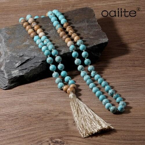 OAIITE Matte Turquoises Stone Necklaces For Women Female 108 Payer Long Mala Beads Tassel Necklace Jewelry