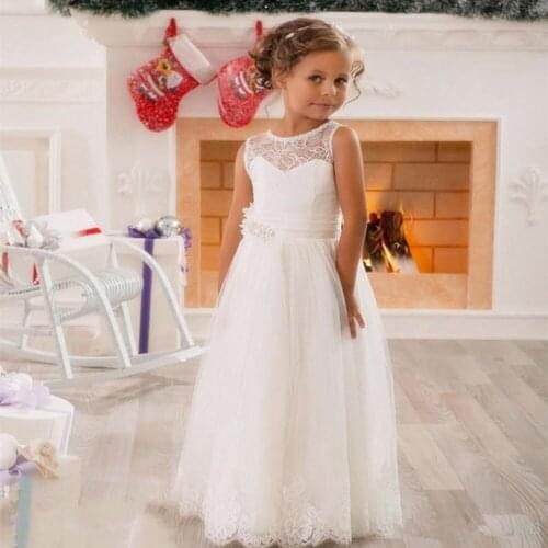White Flower Girl Dresses Lace Applique Sleeveless Tulle Birthday Party O-Neck Dresses Girls Pageant Holy communion Dresses