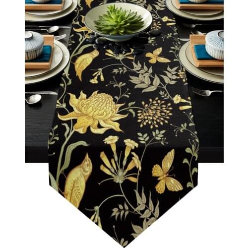 Golden Azalea Bird Butterfly Modern Table Runner Wedding For Party Event Home Decoration Table Cover Mat Decor Accessories