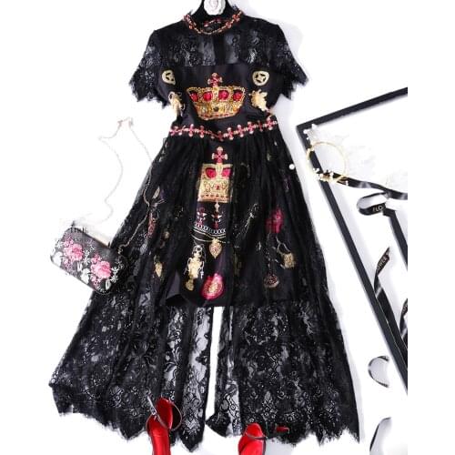High Quality Lace Dress Women Short Sleeve Crown Printing Lace Patchwork Sexy Dress Fashion Summer Party Ladies Clothes SL317