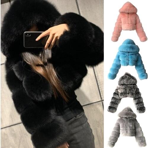 Women Winter Fluffy Furry Long Sleeve Jacket Hooded Full Zipper Solid Color Cropped Short Coat Luxury Thicken Warm Outwear