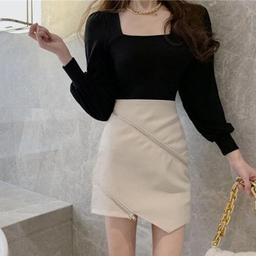 2021 Autumn New Womens French Slim Retro Square Collar Long Sleeve + Skirt Office Two-piece Suit