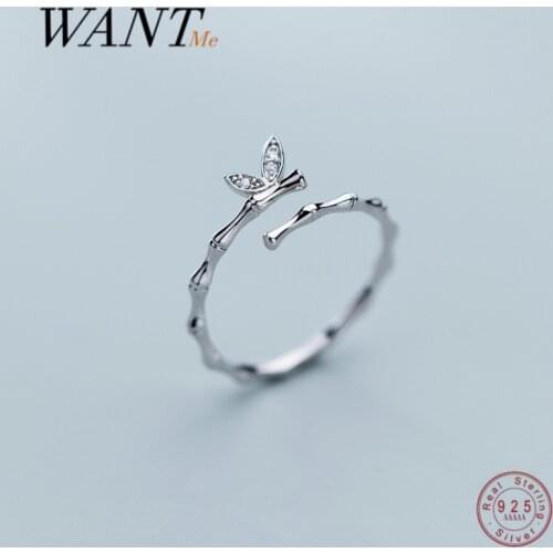WANTME Real 925 Sterling Silver Sweet Lovely Butterfly Zircon Bamboo Adjustable Ring for Women Chic Korean Wedding Jewelry 2021