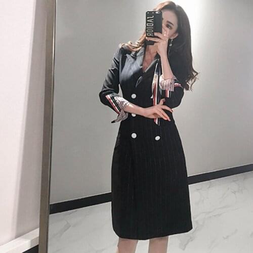 2021 Autumn New Fashion Women Striped Blazer Dress Office Lady Long Sleeve Double Breasted Business Dress Female Vestidos