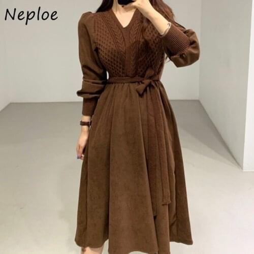 Hemp Pattern Long Sleeve Sweater Dress Women 2021 New Autumn Retro Knitted Robe Female V-neck Belt Slim Waist Vestidos