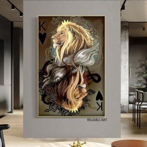 Animal Lion Poker Canvas Wall Art Canvas Print Animal Painting Posters and Prints Retro Decorative Wall Pictures for Living Room