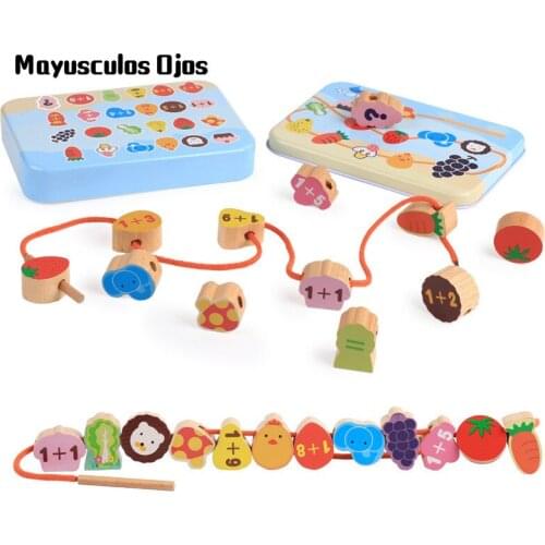 1PC Wooden Beech Fruit Animal Pattern Cognitive Addition Subtraction Parent-child Iron Box Beaded Storage Educational Toy