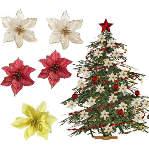 10Pcs 13cm Artificial Flowers for Christmas Decor Glitter Poinsettia Xmas Tree New Year Decoration Ornaments Flower Heads