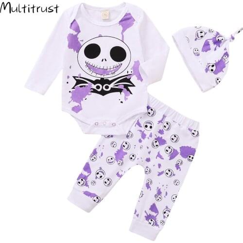 2020 Toddler Newborn Baby Boy Girl Halloween Pants Set Skull Bodysuit Stripe Pant Hat Outfit 3Pcs Clothes