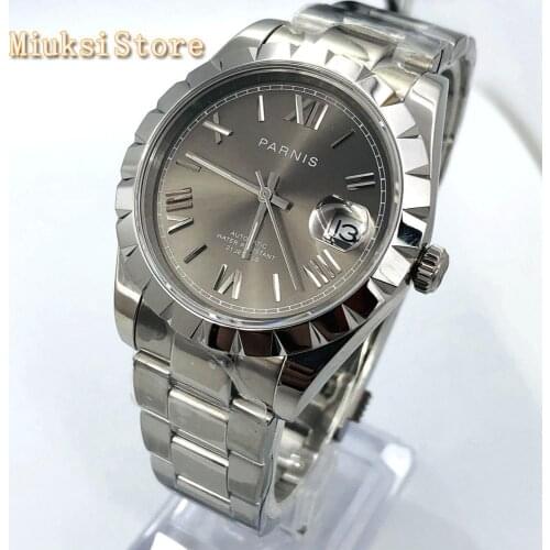 Parnis 39mm New Mens TOP Luxury Waterproof Watch Silver Case Sapphire Crystal Date Window Stainless Steel Automatic Mens Watch
