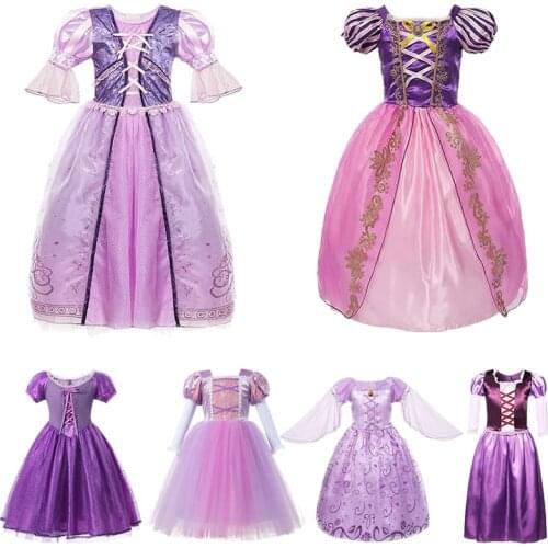 Girls Rapunzel Tangled Dress Kids Fancy Princess Costume Cartoon Movie Modeling Frock Toddler Purple Ball Gown Party Accessories