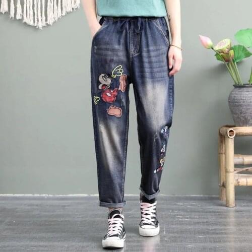 Spring New Ethnic Embroidery Elastic Waist Jeans Female Loose Plus Size High Waist Women Harlan Pants Femme Denim Pants Retro