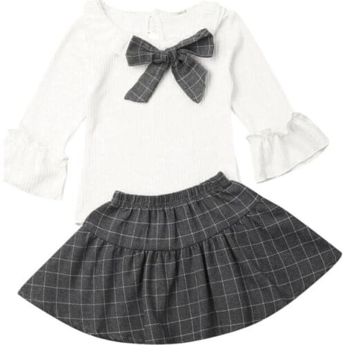 Boutique Girl Clothes 2019 Baby Girl Flare Long Sleeve Tops +Plaid Skirt 2pcs Summer Cotton Clothes 2PCS
