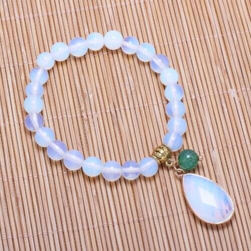 FYSL Light Yellow Gold Color Water Drop Opalite Opal Connect Round Beads Stretchy Bracelet Trendy Jewelry