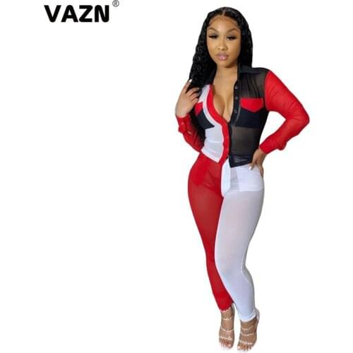 VAZN 2020 Sexy Patchwork Two Piece Set V-neck Bandage See Through 2 Piece Set Women Full Sleeve Top And Full Pant Summer Sets