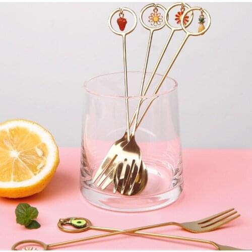 Cute Stainless Steel Fruit Dessert Spoon Fork Pendant Coffee Spoons Candy Spoon Stirring Spoon Fruit Fork Dessert Spoons