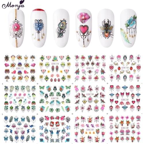 Monja 12Pcs Nail Art Jewelry Water Transfer Sticker Colorful Flower Butterfly Pattern Watermark Nail Decals Manicure Decorations