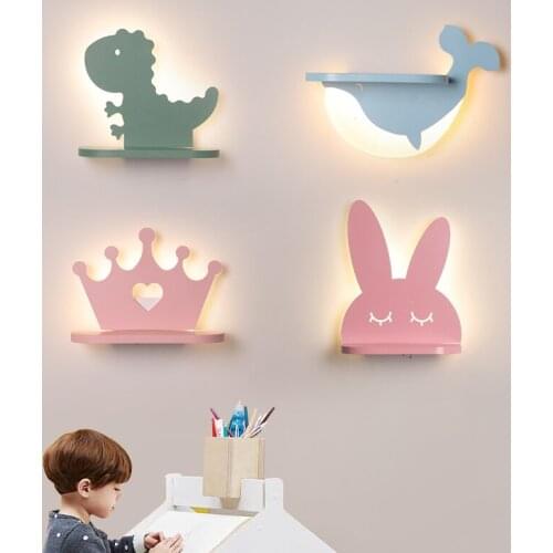 Cartoon LED Wall Lamp With Shelf For Kids' Bedroom Green Boys' Room Blue Green Bedside Lights Girls' Pink Wall Sconce