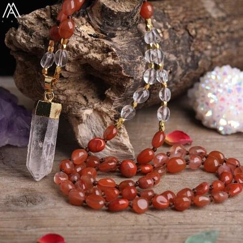 Natural White Quartz Freeform Point Pendant Red Agates Irregular Chip Beads Cord Knotted Necklace Handmade Mala Yoga Jewelry