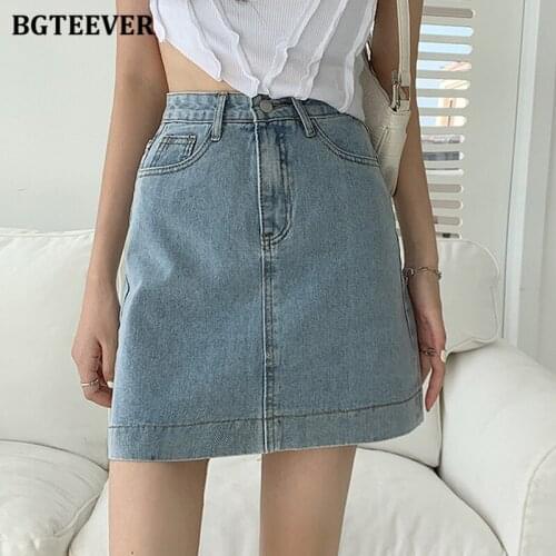 BGTEEVER Casual Simple Solid Women Denim Mini Skirts Streetwear High Waist Button Ladies Jeans Skirts 2021 Summer