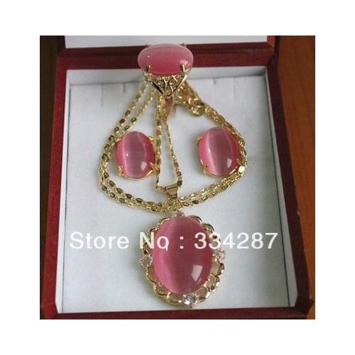 Fine Pink Opal pendant necklace earrings Ring sets