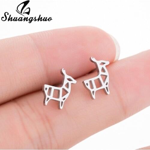 Shuangshuo New Aliexpress Origami Deer Earrings Female Animal Stainless Steel Jewelry Deer Stud Earrings 2018 Women Accessories