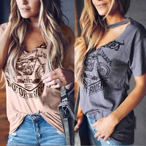 Womens Short Sleeve Choker V Neck Stylish Print Tops with Hollow aesthetic brown top Girl Funny cotton Street shirts casual