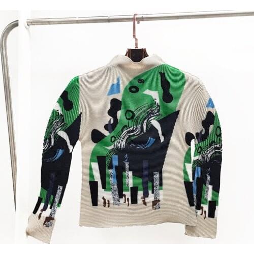 TVVOVVIN Spring Pleated Top Womens Long Sleeve Half High Collar Fashion Printing Slim All-match Elasticity T-shirt AQKV