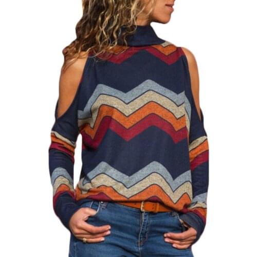 2019 geometric print high collar strapless long-sleeved knit T-shirt top women spring and autumn rainbow wave pattern pullover