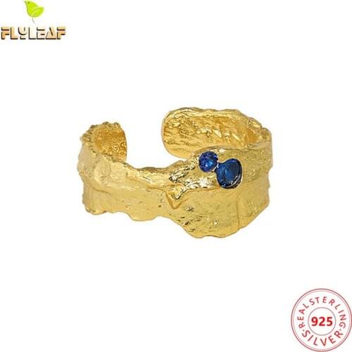 925 Sterling Silver Blue Zircon Irregular Wide Open Rings For Women 14k Gold 925 Jewelry INS Pop Handmade Flyleaf New Arrival