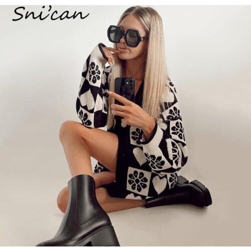 Heart Snow Flake Plaid Cardigan Za 2021 Women Casual Oversize Jumper Autumn Winter Fashion Knitted Sweater Femme Chandails New