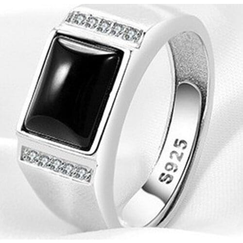 2020 new 100% real s925 pure silver plated white gold inlaid black agate silver ring for men adjustable size