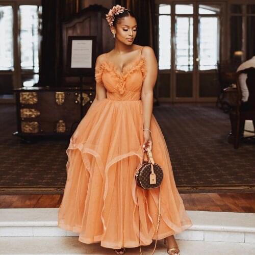 2021 Trend Orange A-line Tulle Women Dresses To Event Formal Party Aso Ebi Ruffles Long Mesh Women Dresses Female Outfit