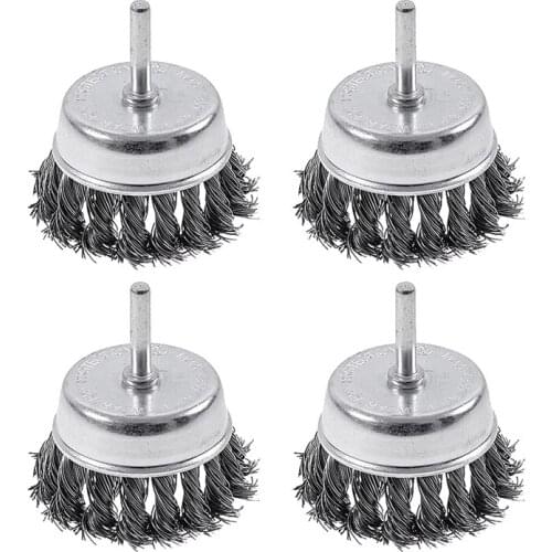 4 Pack Wire Cup Knotted Brush with 1/4-Inch Round Shank,3 Inch Wire Drill Brush Set for Removal of Rust/Corrosion/Paint