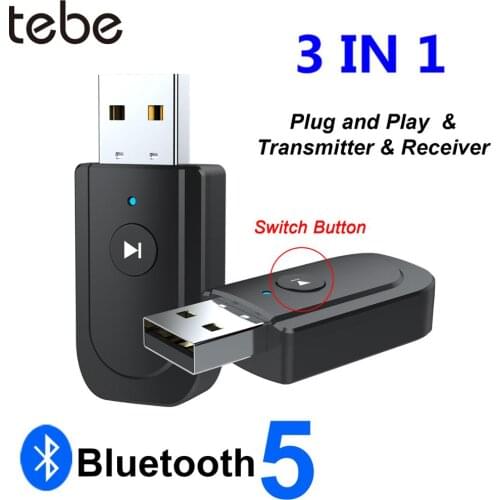 Tebe USB Bluetooth 5.0 Adapter Mini 3 in 1 Wireless Music Audio Receiver Transmitter 3.5mm AUX for TV PC Laptop Headphones Car