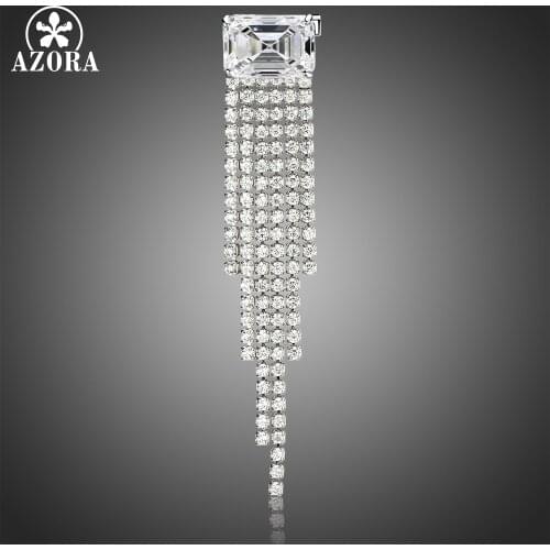 AZORA Fashionable Rectangle Clear Cubic Zirconia Stone Tassel Brooch Pin Women Garment Accessories Jewelry Brooch TP0090