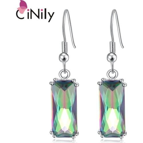 CiNily Rainbow Mystic Stone Long Drop Earrings Silver Plated Square Lace Dangling Earring Vintage Ethnic Spring Jewelry Women