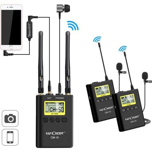 K&F Concept UHF 100M Remote Wireless Lavalier Microphone 100 Channels with 2 Transmitters+1 Dual-channel Receiver for CanonNikon